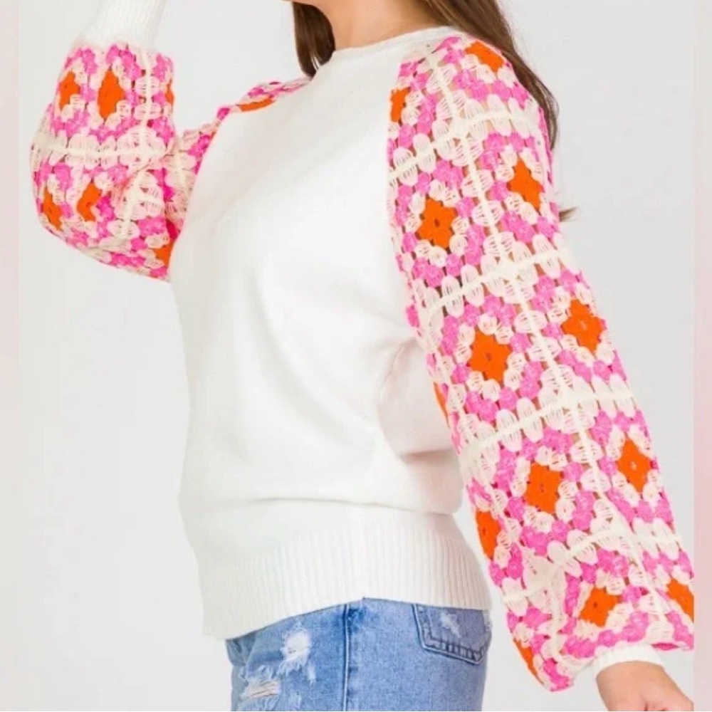 Zara White Sweater with Pink and Orange Crochet Sleeves